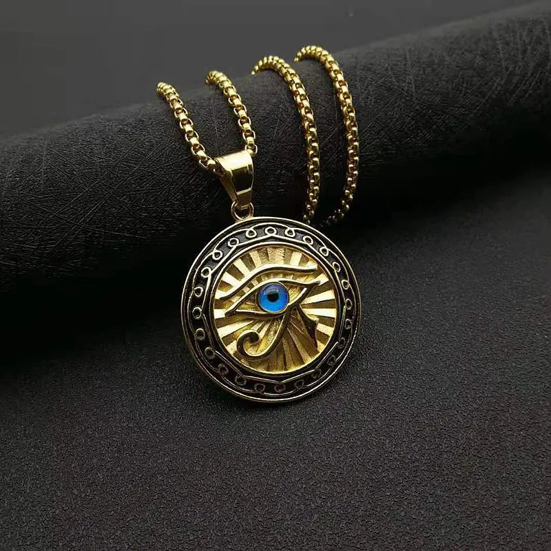 Eye of Horus Gold Blue Eye Medal Pendant - Blade & Thread