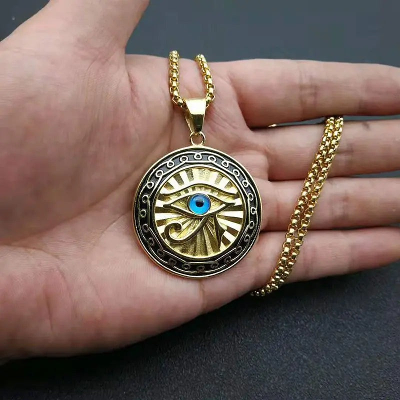 Eye of Horus Gold Blue Eye Medal Pendant - Blade & Thread