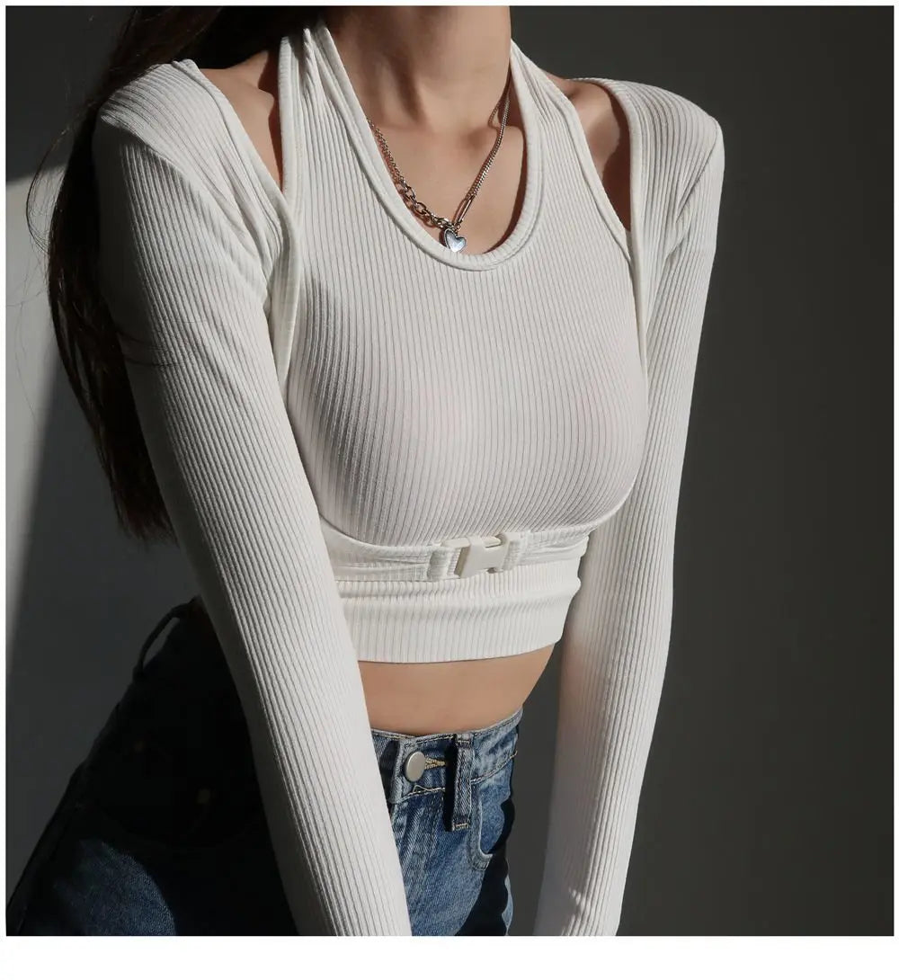 Fake Two Piece Halterneck Knitted Tops Women Tops Long Sleeved T-shirt Female - Blade & Thread