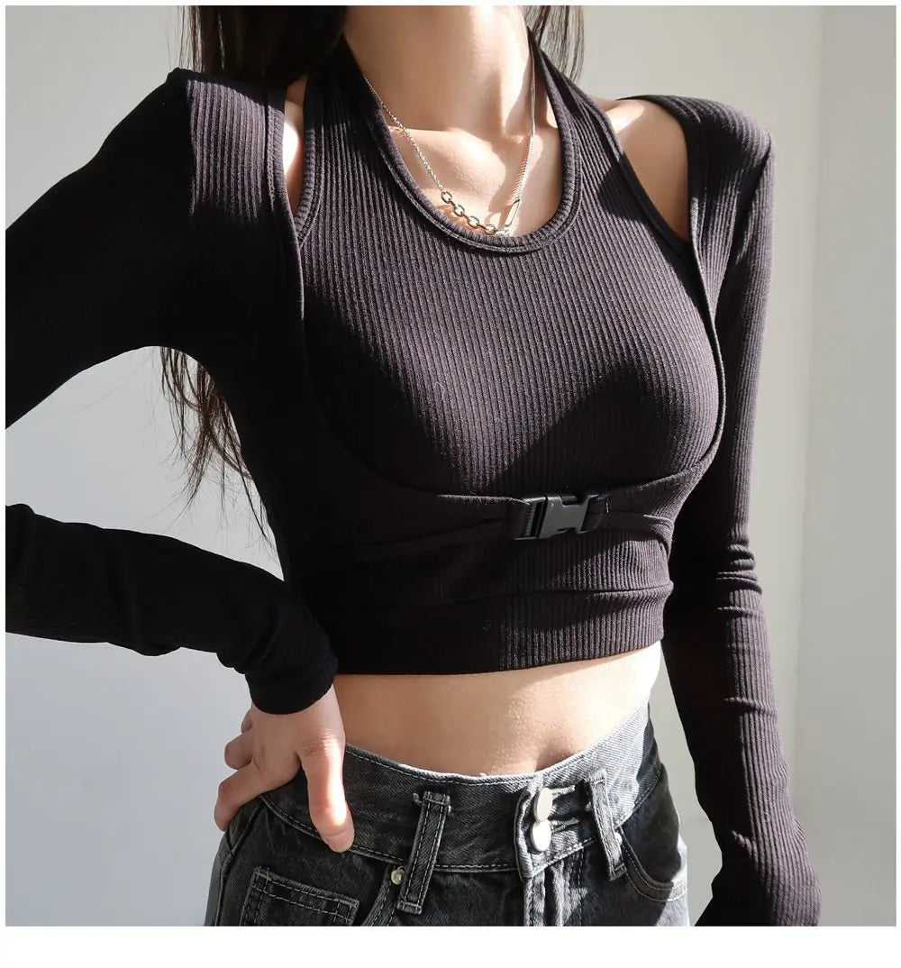 Fake Two Piece Halterneck Knitted Tops Women Tops Long Sleeved T-shirt Female - Blade & Thread