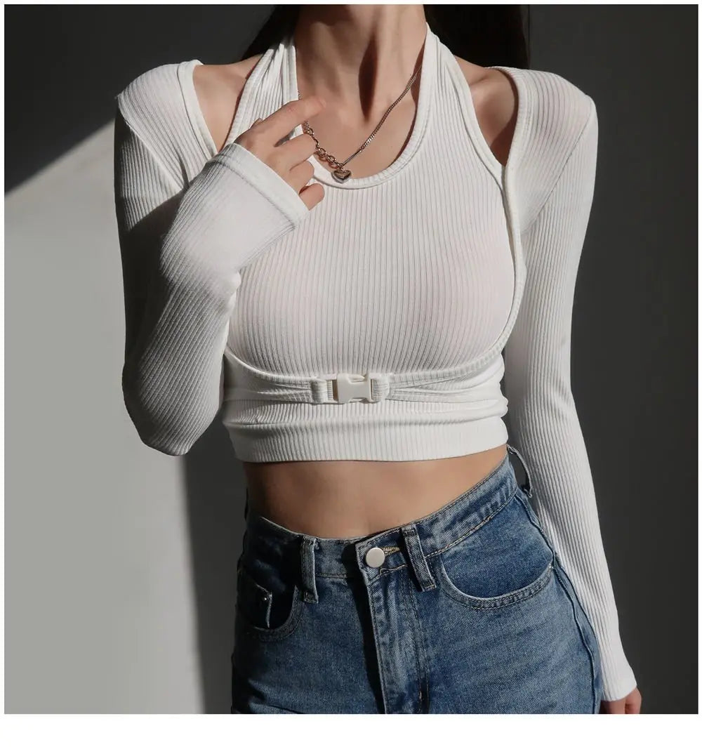 Fake Two Piece Halterneck Knitted Tops Women Tops Long Sleeved T-shirt Female - Blade & Thread
