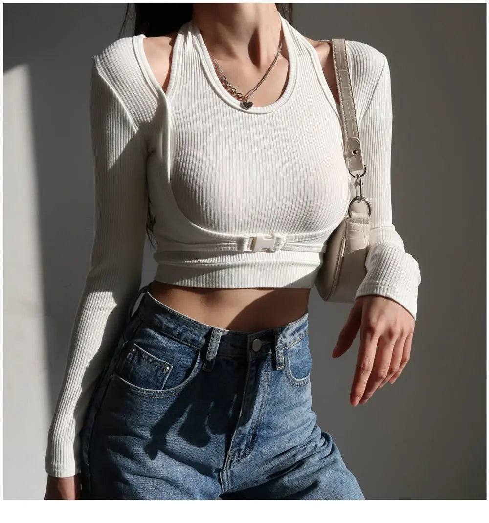 Fake Two Piece Halterneck Knitted Tops Women Tops Long Sleeved T-shirt Female - Blade & Thread
