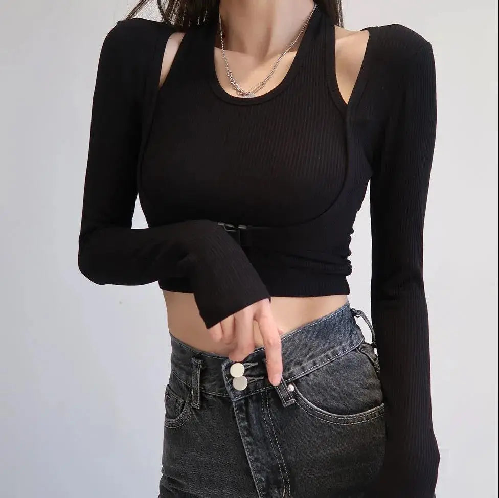 Fake Two Piece Halterneck Knitted Tops Women Tops Long Sleeved T-shirt Female - Blade & Thread