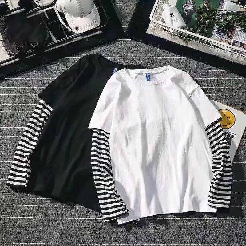 Fake Two Striped Color Matching Stitching Long Sleeve Women T-shirt Hip Hop Style Bottoming Shirt - Blade & Thread