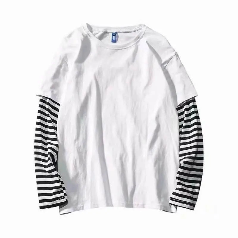 Fake Two Striped Color Matching Stitching Long Sleeve Women T-shirt Hip Hop Style Bottoming Shirt - Blade & Thread