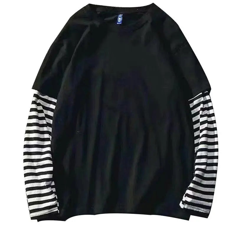 Fake Two Striped Color Matching Stitching Long Sleeve Women T-shirt Hip Hop Style Bottoming Shirt - Blade & Thread