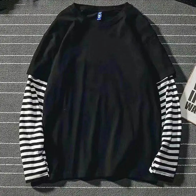 Fake Two Striped Color Matching Stitching Long Sleeve Women T-shirt Hip Hop Style Bottoming Shirt - Blade & Thread