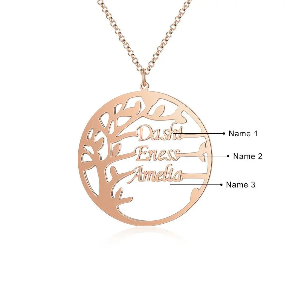 Family Tree Necklace Customized Nameplate with 3 Names Round Tree of Life Pendant - Blade & Thread