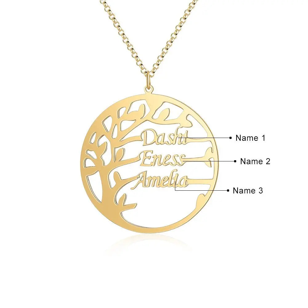 Family Tree Necklace Customized Nameplate with 3 Names Round Tree of Life Pendant - Blade & Thread