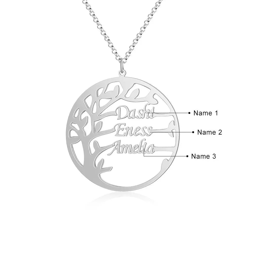 Family Tree Necklace Customized Nameplate with 3 Names Round Tree of Life Pendant - Blade & Thread