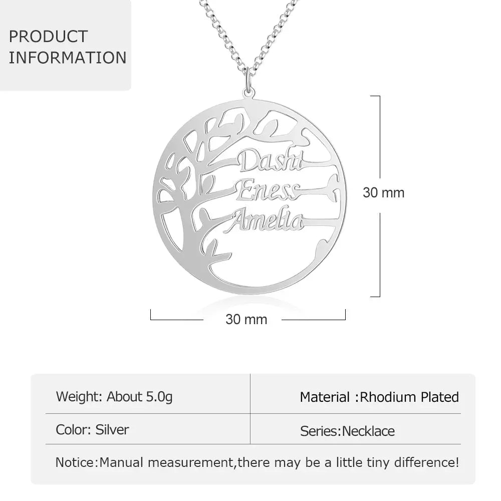 Family Tree Necklace Customized Nameplate with 3 Names Round Tree of Life Pendant - Blade & Thread