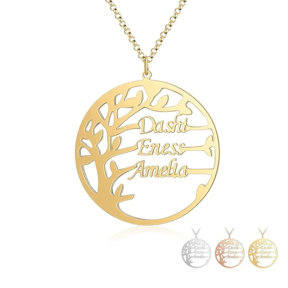 Family Tree Necklace Customized Nameplate with 3 Names Round Tree of Life Pendant - Blade & Thread