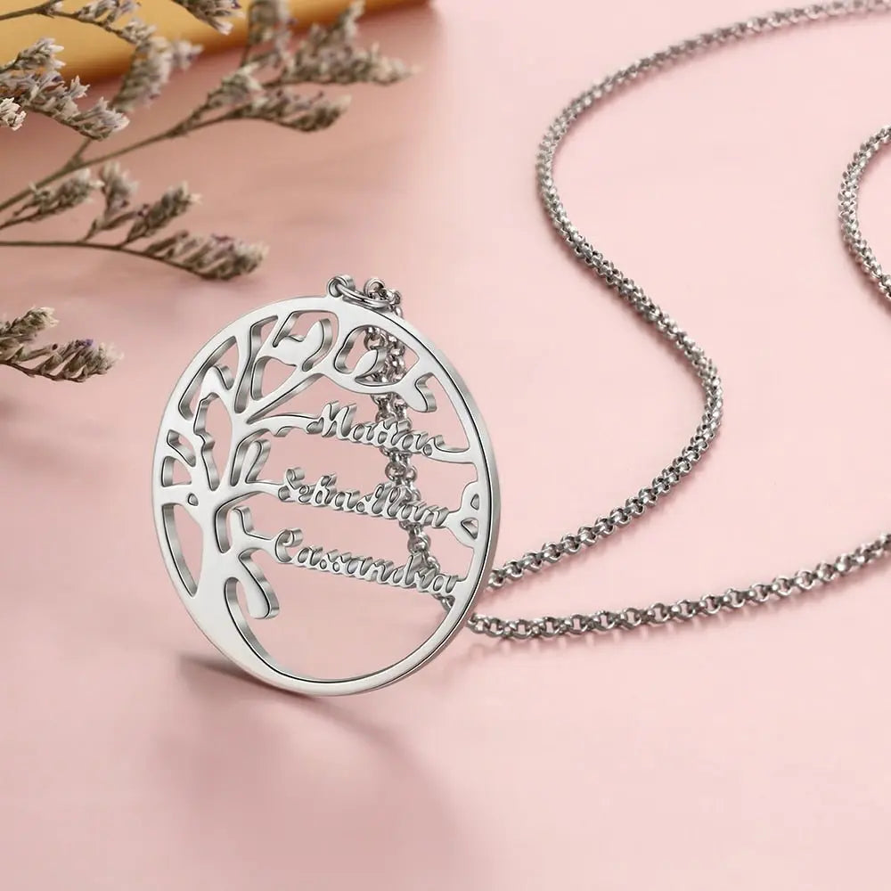 Family Tree Necklace Customized Nameplate with 3 Names Round Tree of Life Pendant - Blade & Thread