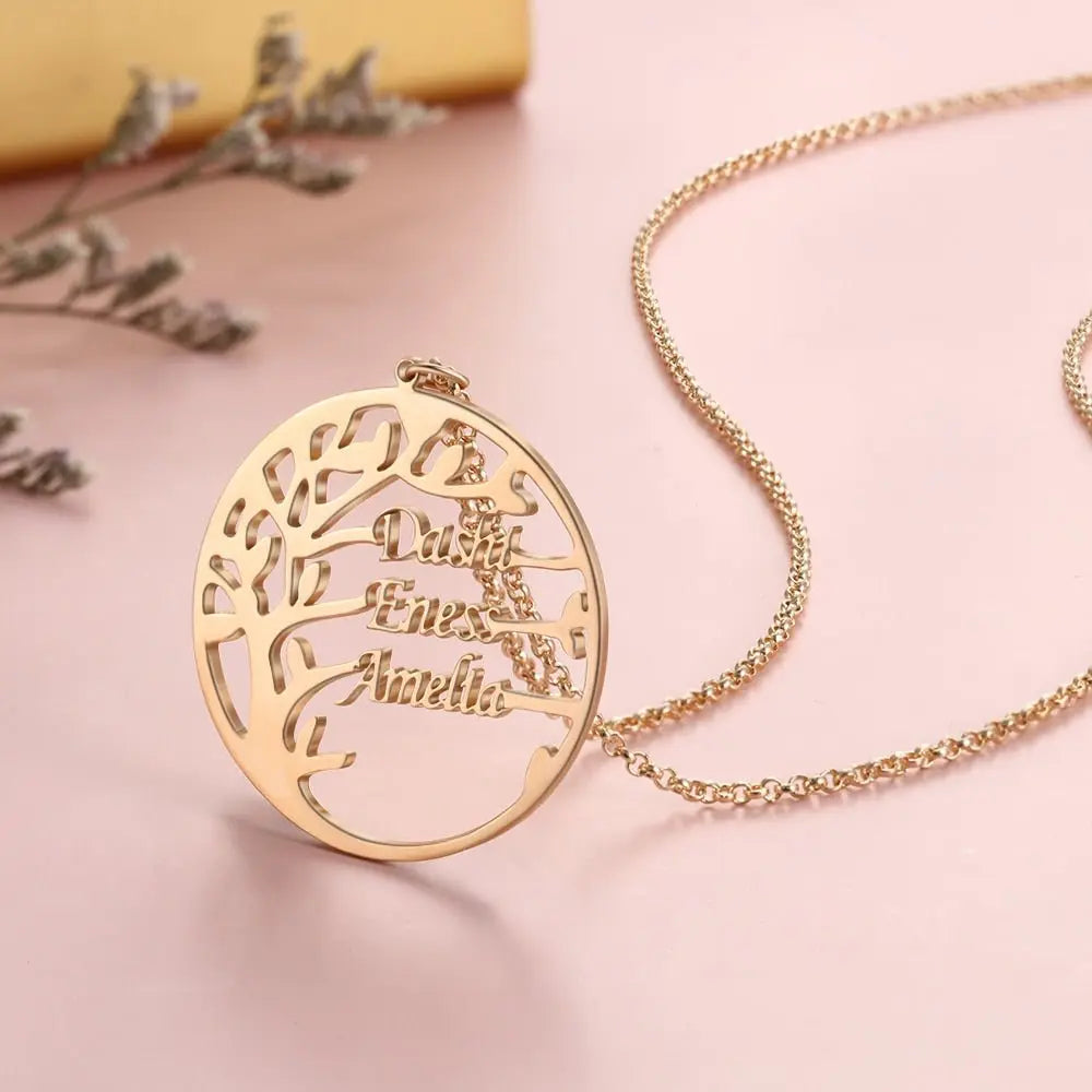 Family Tree Necklace Customized Nameplate with 3 Names Round Tree of Life Pendant - Blade & Thread