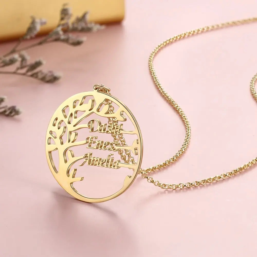 Family Tree Necklace Customized Nameplate with 3 Names Round Tree of Life Pendant - Blade & Thread