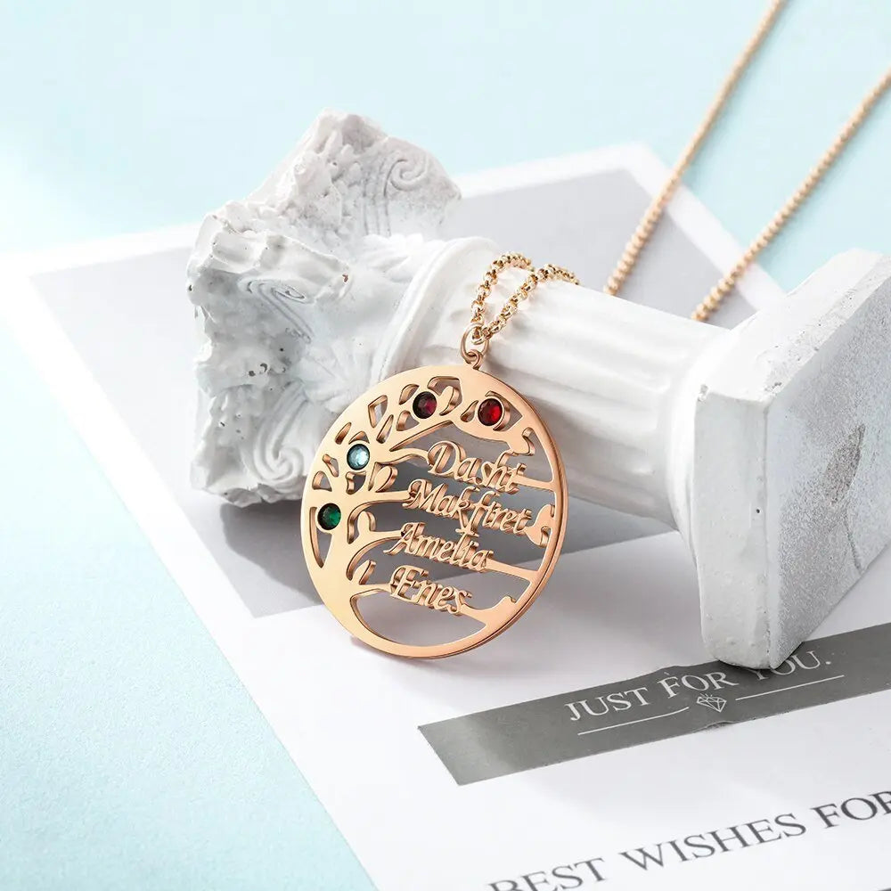 Family Tree Necklace with 4 Birthstones Name Necklace - Blade & Thread