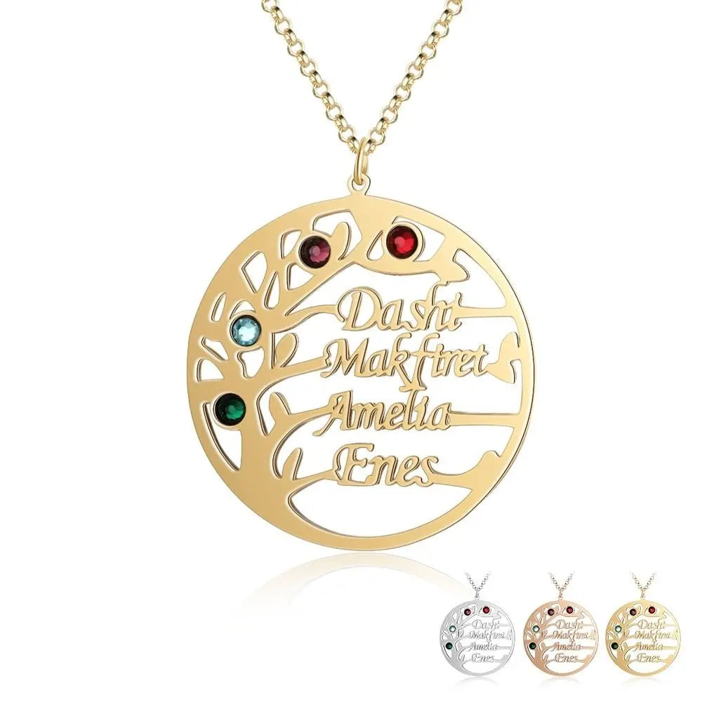 Family Tree Necklace with 4 Birthstones Name Necklace - Blade & Thread