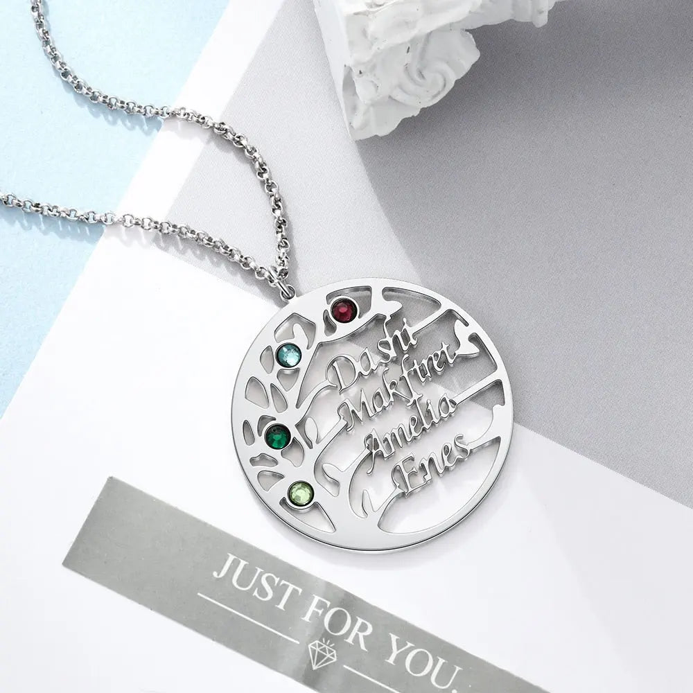 Family Tree Necklace with 4 Birthstones Name Necklace - Blade & Thread