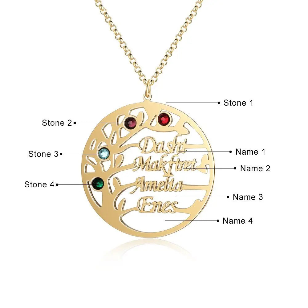 Family Tree Necklace with 4 Birthstones Name Necklace - Blade & Thread