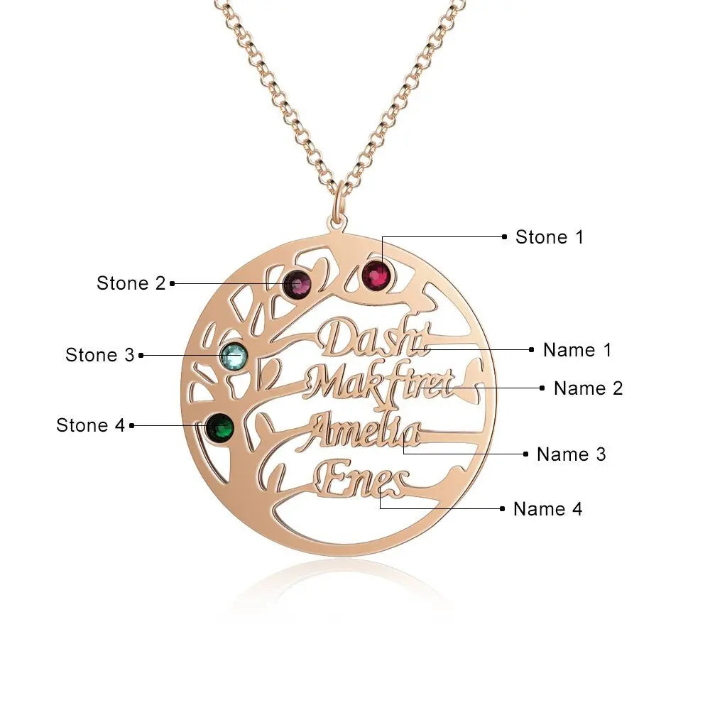 Family Tree Necklace with 4 Birthstones Name Necklace - Blade & Thread