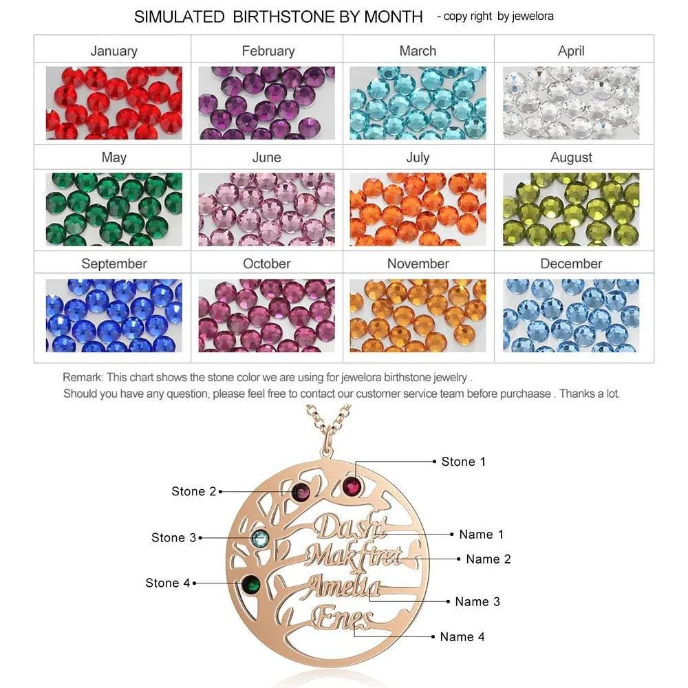 Family Tree Necklace with 4 Birthstones Name Necklace - Blade & Thread