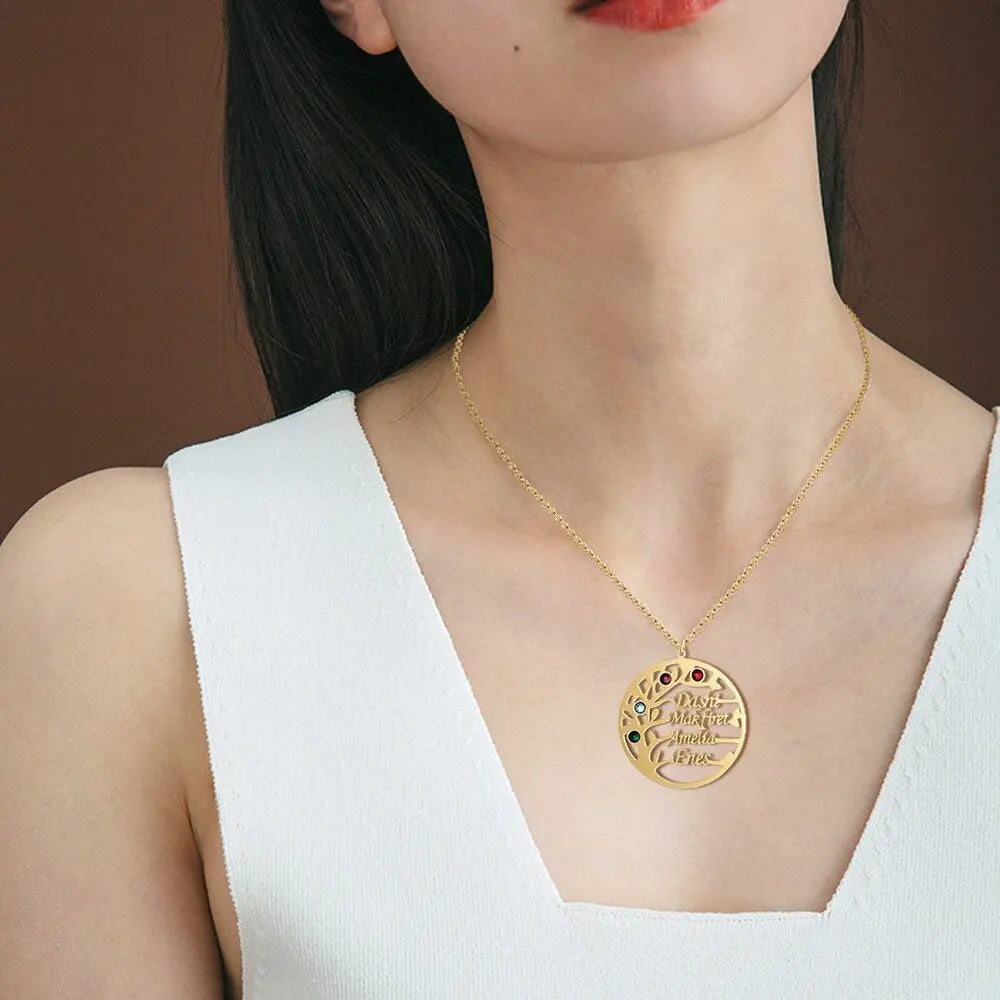 Family Tree Necklace with 4 Birthstones Name Necklace - Blade & Thread
