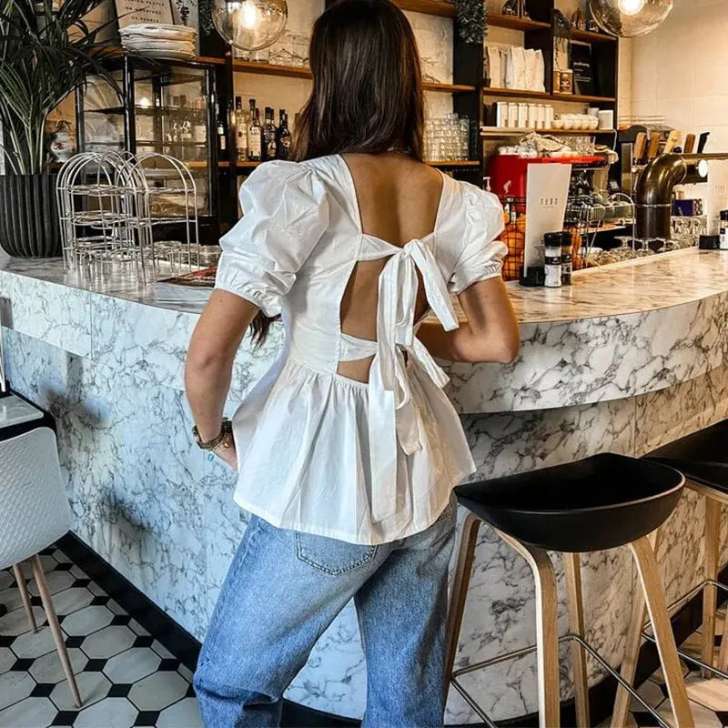 Fashion Backless Short Sleeve Shirts For Women Casual Back Lace Up Tops - Blade & Thread