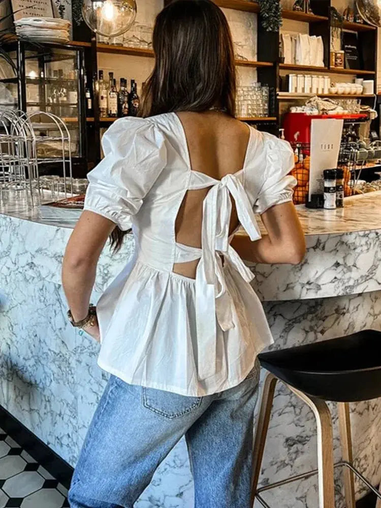 Fashion Backless Short Sleeve Shirts For Women Casual Back Lace Up Tops - Blade & Thread