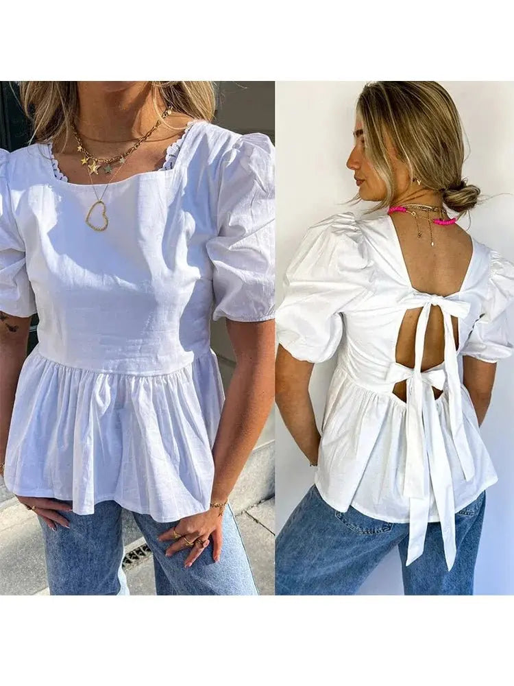 Fashion Backless Short Sleeve Shirts For Women Casual Back Lace Up Tops - Blade & Thread
