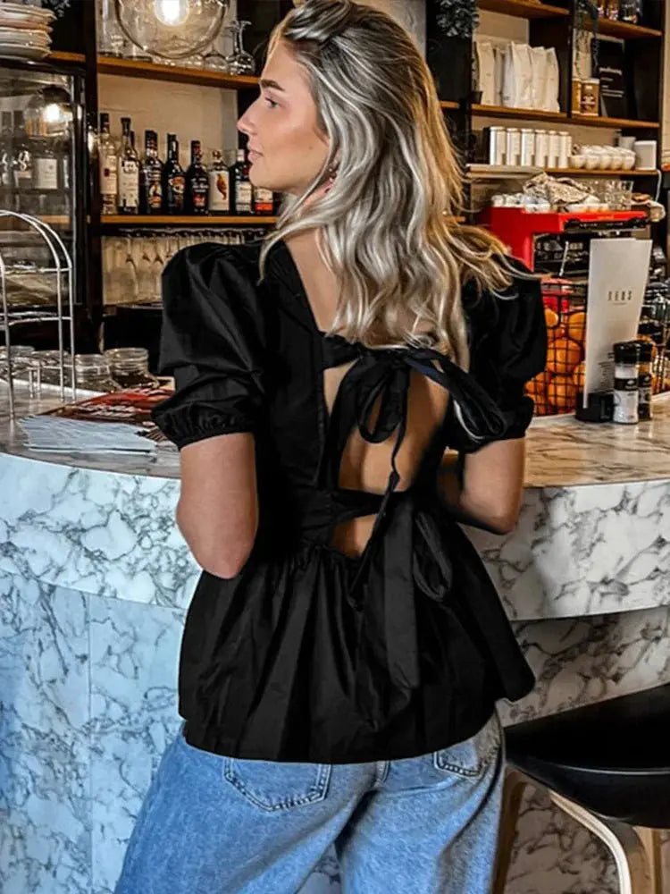Fashion Backless Short Sleeve Shirts For Women Casual Back Lace Up Tops - Blade & Thread