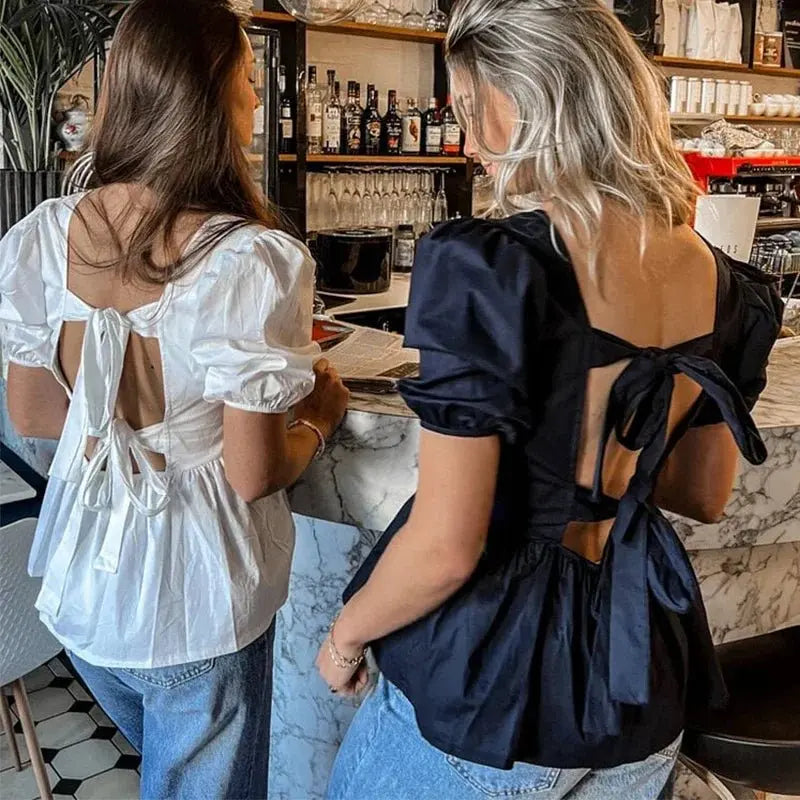 Fashion Backless Short Sleeve Shirts For Women Casual Back Lace Up Tops - Blade & Thread