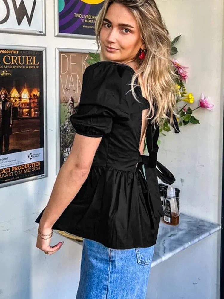 Fashion Backless Short Sleeve Shirts For Women Casual Back Lace Up Tops - Blade & Thread