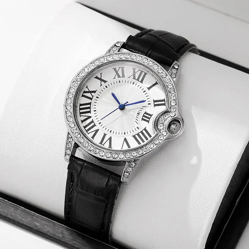 Fashion Diamond-Encrusted Women's Quartz Watch with Leather Strap - Blade & Thread