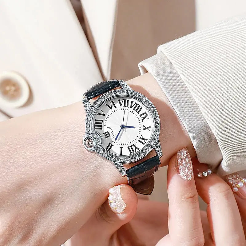 Fashion Diamond-Encrusted Women's Quartz Watch with Leather Strap - Blade & Thread