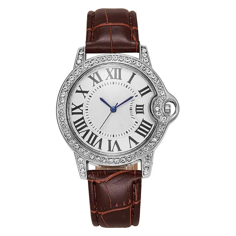 Fashion Diamond-Encrusted Women's Quartz Watch with Leather Strap - Blade & Thread