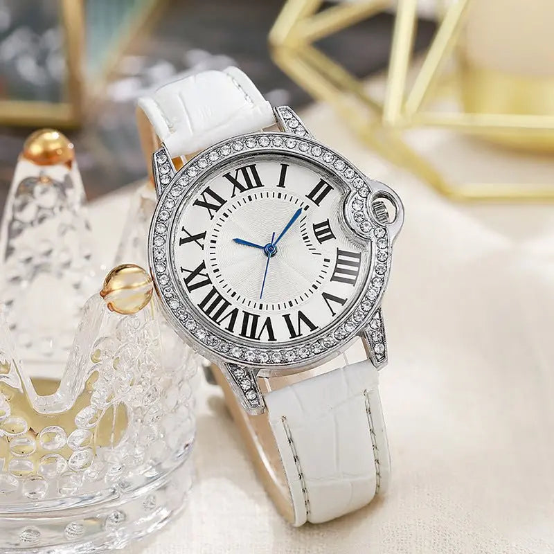 Fashion Diamond-Encrusted Women's Quartz Watch with Leather Strap - Blade & Thread