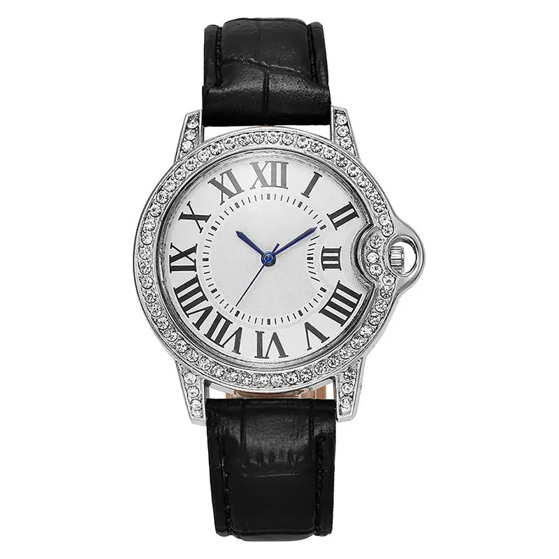 Fashion Diamond-Encrusted Women's Quartz Watch with Leather Strap - Blade & Thread