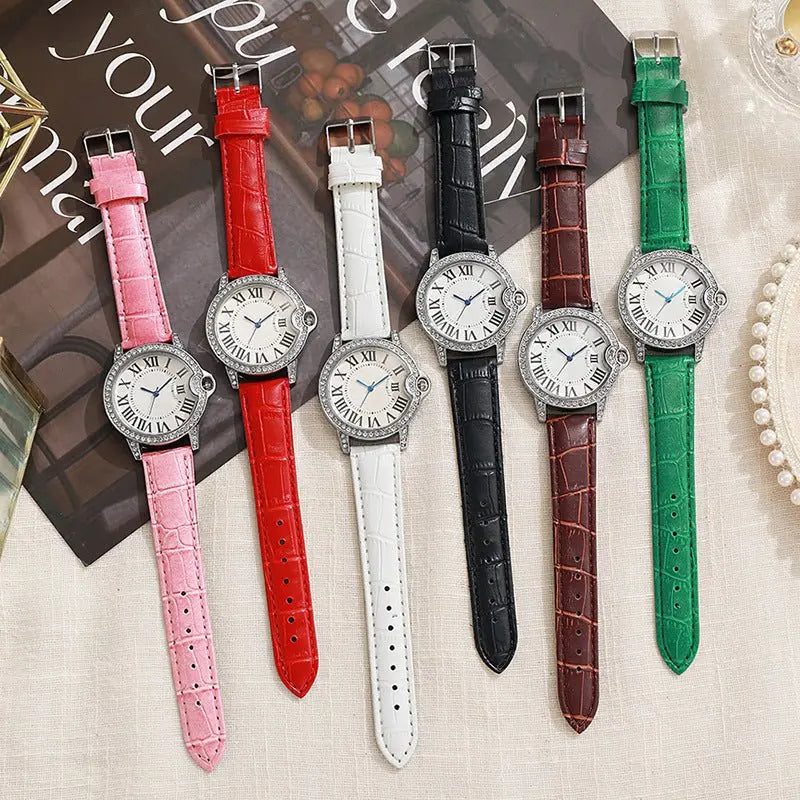 Fashion Diamond-Encrusted Women's Quartz Watch with Leather Strap - Blade & Thread