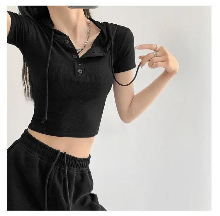 Fashion Hooded T-shirts Women Summer Tight Short Sleeve Y2k Tees Gray Crop Tops Female - Blade & Thread