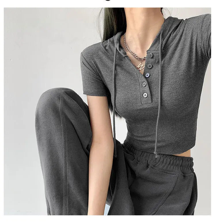 Fashion Hooded T-shirts Women Summer Tight Short Sleeve Y2k Tees Gray Crop Tops Female - Blade & Thread