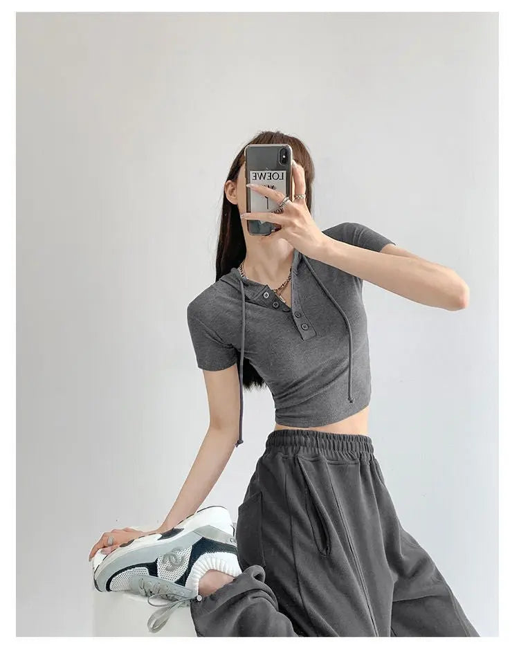 Fashion Hooded T-shirts Women Summer Tight Short Sleeve Y2k Tees Gray Crop Tops Female - Blade & Thread