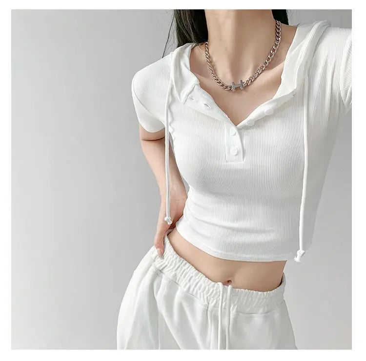 Fashion Hooded T-shirts Women Summer Tight Short Sleeve Y2k Tees Gray Crop Tops Female - Blade & Thread