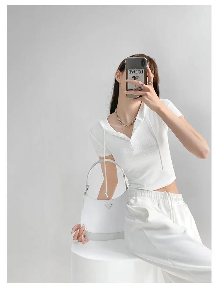 Fashion Hooded T-shirts Women Summer Tight Short Sleeve Y2k Tees Gray Crop Tops Female - Blade & Thread