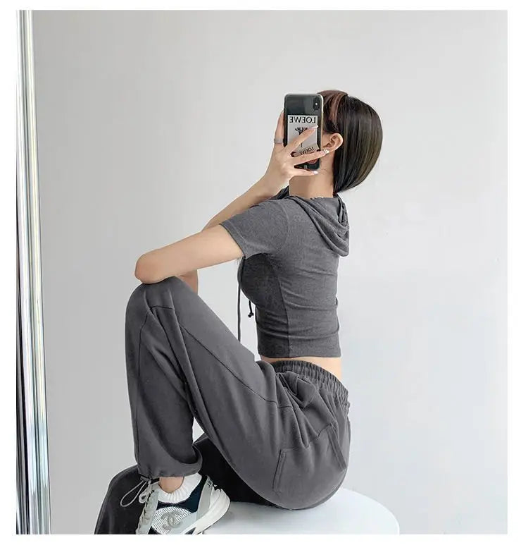 Fashion Hooded T-shirts Women Summer Tight Short Sleeve Y2k Tees Gray Crop Tops Female - Blade & Thread