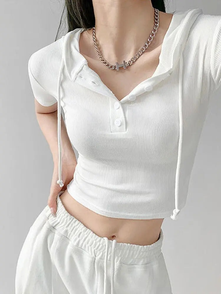 Fashion Hooded T-shirts Women Summer Tight Short Sleeve Y2k Tees Gray Crop Tops Female - Blade & Thread
