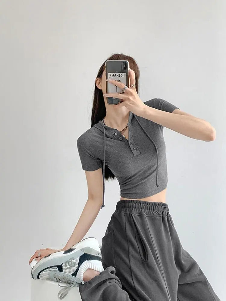 Fashion Hooded T-shirts Women Summer Tight Short Sleeve Y2k Tees Gray Crop Tops Female - Blade & Thread