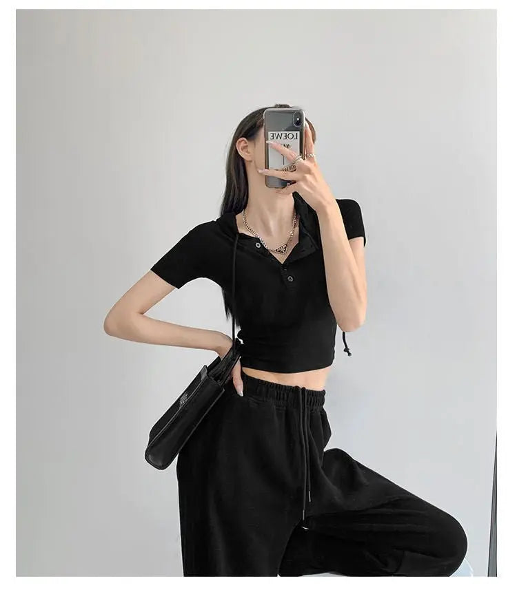 Fashion Hooded T-shirts Women Summer Tight Short Sleeve Y2k Tees Gray Crop Tops Female - Blade & Thread