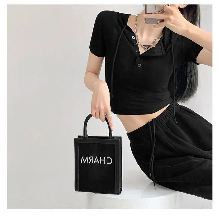 Fashion Hooded T-shirts Women Summer Tight Short Sleeve Y2k Tees Gray Crop Tops Female - Blade & Thread