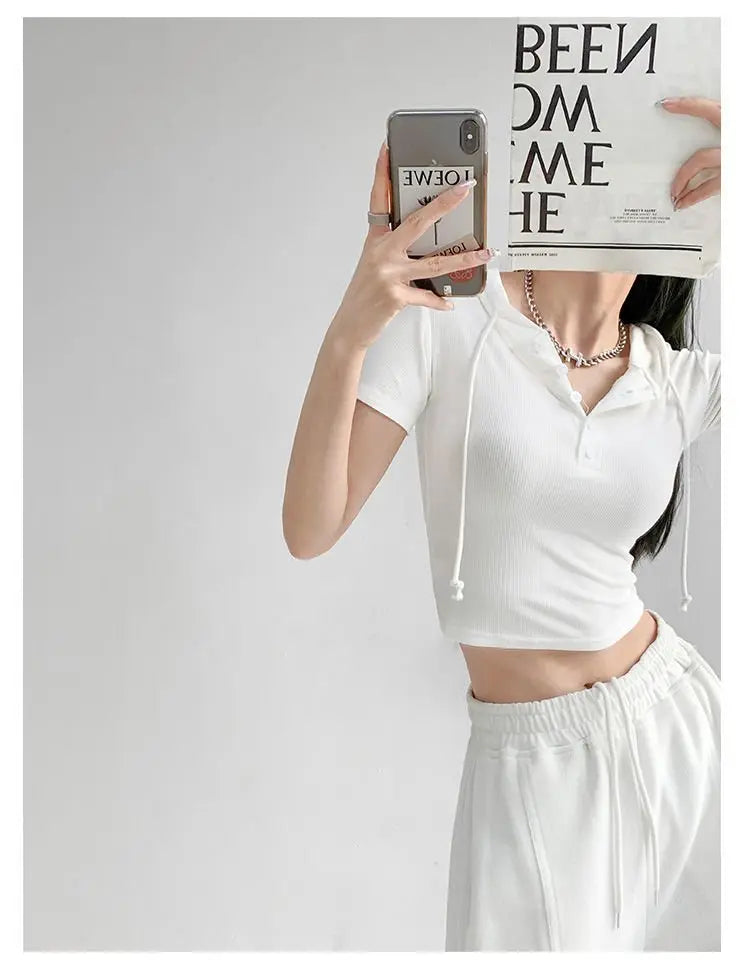 Fashion Hooded T-shirts Women Summer Tight Short Sleeve Y2k Tees Gray Crop Tops Female - Blade & Thread