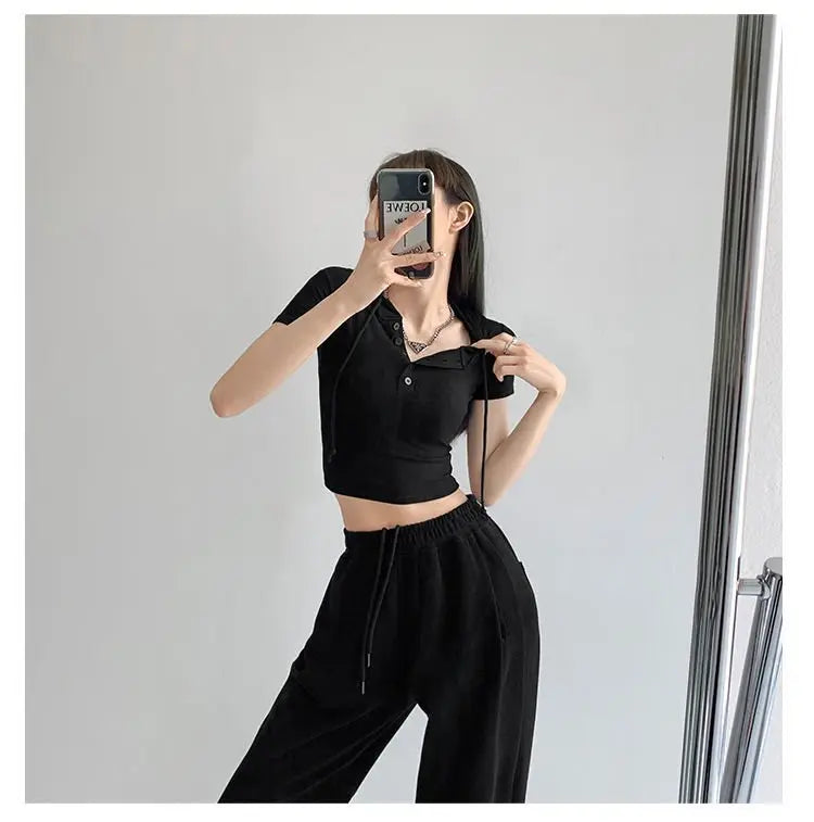 Fashion Hooded T-shirts Women Summer Tight Short Sleeve Y2k Tees Gray Crop Tops Female - Blade & Thread